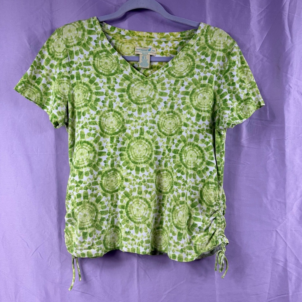 Caribbean Joe Petite Green Tie Dye V-Neck Ruched Side Top Large P